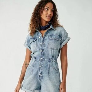 Free People We The Free Marci Cuffed Shortalls Blue Size XL